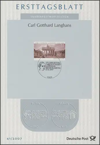 ETB 41/2007 Carl Gotthard Langhans, Architekt, Brandenburger Tor