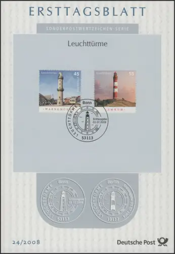 ETB 24/2008 Leuchttürme, Warnemünde 0,45 Euro / Amrum 0,55 Euro
