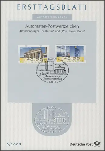 ETB S/2008 Automatenmarken, Brandenburger Tor 0,55 / Post Tower Bonn 0,55