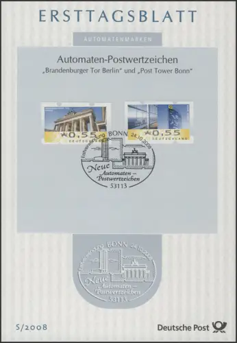 ETB S/2008 Marques de distributeur, Brandenburger Tor 0,55 / Post Tower Bonn 0,55.