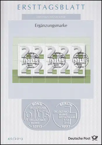 ETB 40/2013 Ergänzungsmarke, Ziffer 2 Cent als Zehnerbogen/Kleinbogen