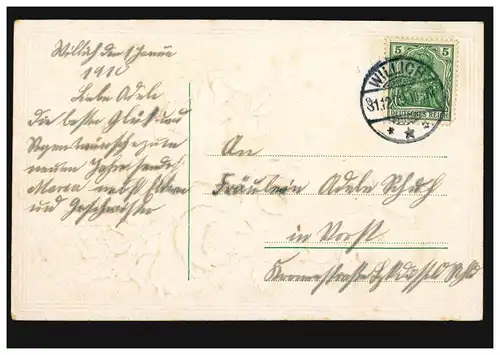 Prägekarte Neujahr Rosen im Korb, WILLICH 31.12.1909
