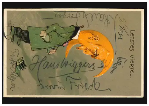 Prägekarte Letztes Viertel: Mann mit Mondgesicht ohne Geld, HANNOVER 22.12.1911