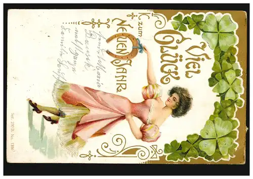 Prägekarte Neujahr Frau mit Hufeisen Glückskleegirlande, WILLICH 1.1.1905