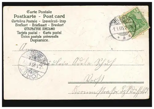 Carte de l'année Nouvel An Femme avec fers à cheval Glückskleegirlande, WILLICH 1.1.1905