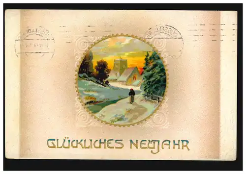 Prägekarte Neujahr Dorfbild mit Bäuerin im Medaillion, CREFELD 21.12.1913