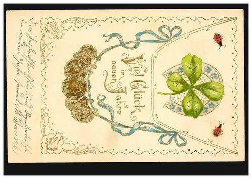 Prägekarte Neujahr Vierblättriges Kleeblatt mit Goldmünzen,WILLICH 31.12.1903