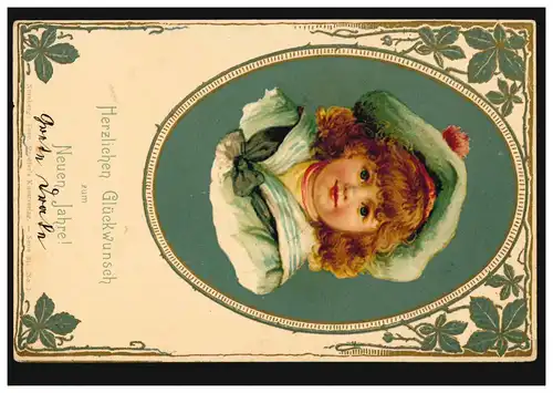 Prägekarte Neujahr Mädchenportrait mit Mütze im Medaillion, MINDEN 1.1.1906 