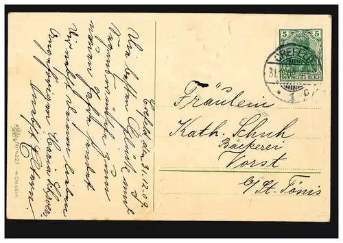 Carte de l'année Nouvel An Paysage du village au clair de Lune et branche de baies CREFELD 31.12.09