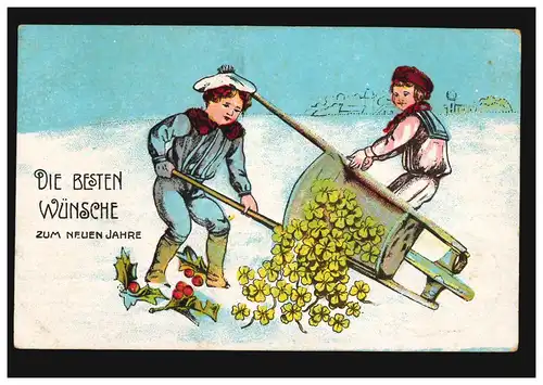 Prägekarte Neujahr Jungen mit Schubkarre und Glücksklee, SANCT TÖNIS 31.12.1914