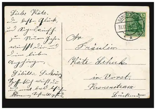 Prägekarte Neujahr Jungen mit Schubkarre und Glücksklee, SANCT TÖNIS 31.12.1914