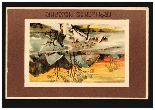 Carte de l'année Nouvel An Paysage du village avec des bergers et des moutons, KARLSRUHE 31.12.1913