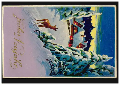 Prägekarte Neujahr Dorflandschaft mit Rehen bei Nacht, CREFELD 31.12.