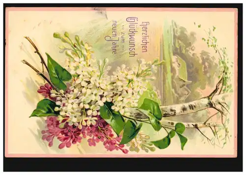 Carte de l'année Nouvel An Paysage du village au printemps avec fleurs, SOTRA 31.12.1910