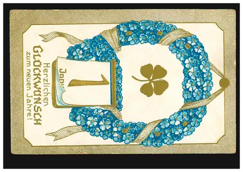 Carte de l'année Nouvel An Fer à cheval de fleurs avec date 1er janvier, BURSCHEID 9.1.1909