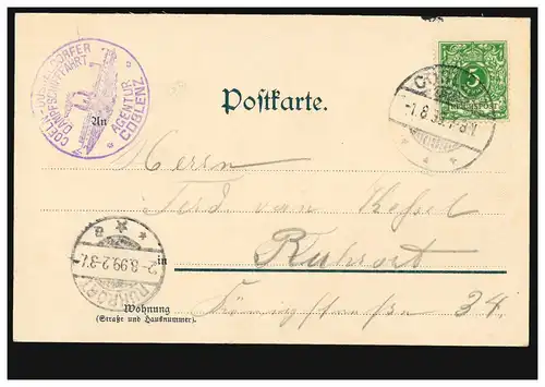 AK Gruss aus Mainz Totalansicht, COBLENZ 1.8.1899 nach RUHRORT 2.8.99 