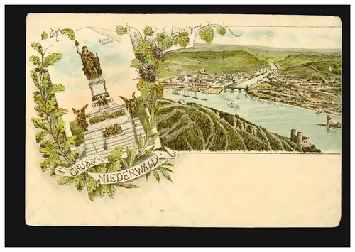 AK Gruss de la Forêt-Bas avec monument et vue sur le Rhin, inutilisé vers 1900