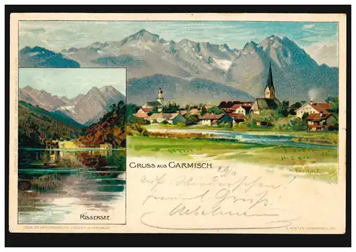 AK Gruss de Garmisch Panorama et lac de fissure, églises Parcs 29.10.1899