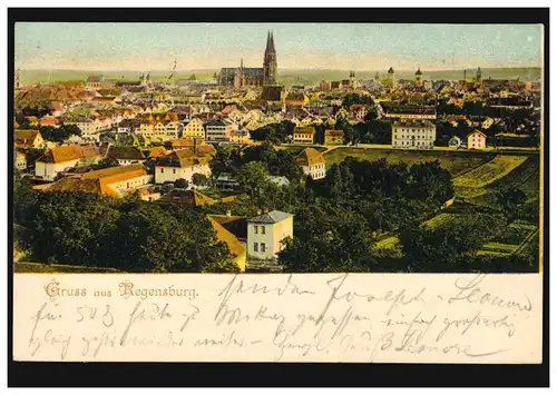 AK Gruss aus Regensburg Panorama, REGENSBURG 12.7.1899 nach RUHRORT 13.7.99