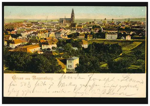 AK Gruss de Ratisbonne Panorama, REGENSBURG 12.7.1899 vers RUHRORT 13.7.99