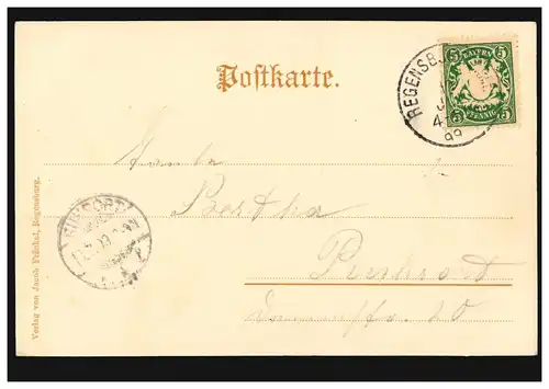 AK Gruss de Ratisbonne Panorama, REGENSBURG 12.7.1899 vers RUHRORT 13.7.99