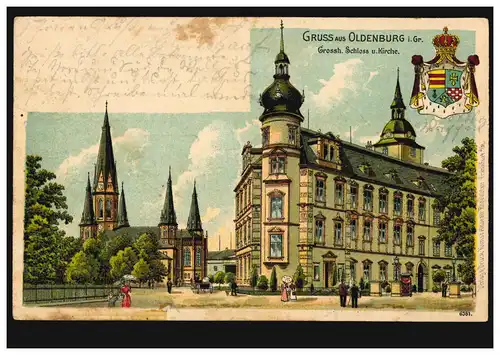 AK Gruss aus Oldenburg Grossh. Schloss und Kirche,11.7.1905 nach DARMSTADT 12.7.