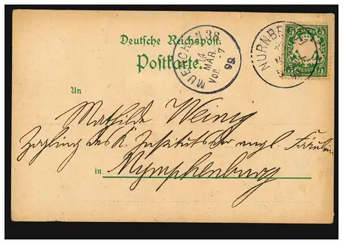 AK Gruss de Nuremberg Sébalduskirche, 12.3.1899 selon MÜNCHEN 4.3.99