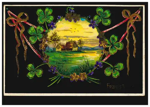 Carte de l'année Nouvel An Trèfle quatre feuilles de trèfil paysage du village BURSCHEID 31.12.1910