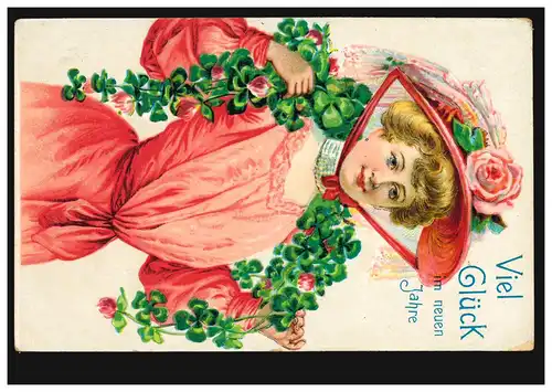 Prägekarte Neujahr Frau in rotem Kleid mit Glücksklee, BURSCHEID 31.12.1910