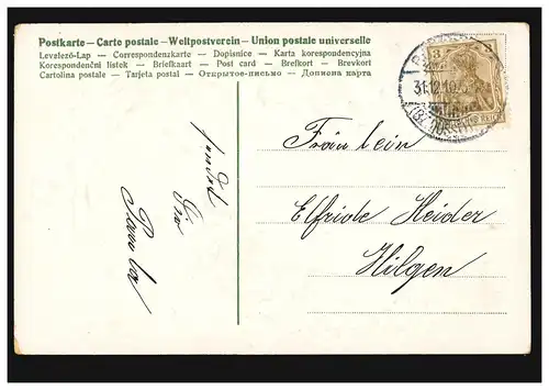 Carte de l'année de la femme en robe rouge avec le trèfle chanceux, BURSCHEID 31.12.1910