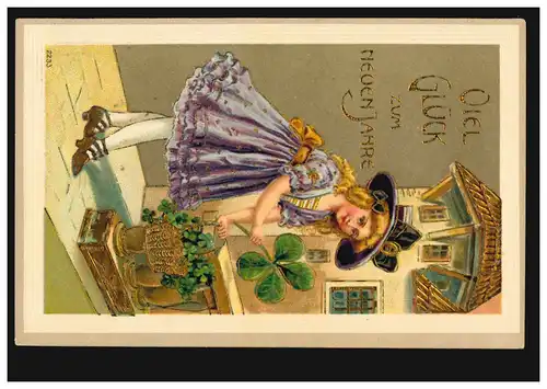 Prägekarte Neujahr Mädchen mit vierblättrigem Kleeblatt, HILGEN 31.12.1910