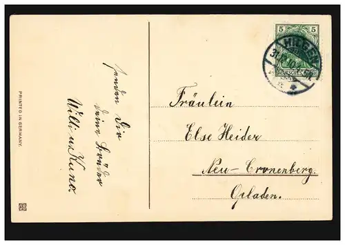 Prägekarte Neujahr Mädchen mit vierblättrigem Kleeblatt, HILGEN 31.12.1910