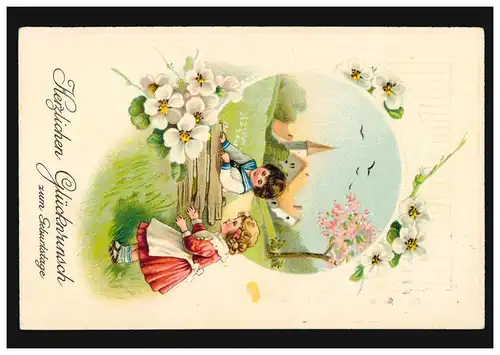 Prägekarte Geburtstag Spielende Mädchen im Frühling und Blumen, BERLIN 18.5.1914