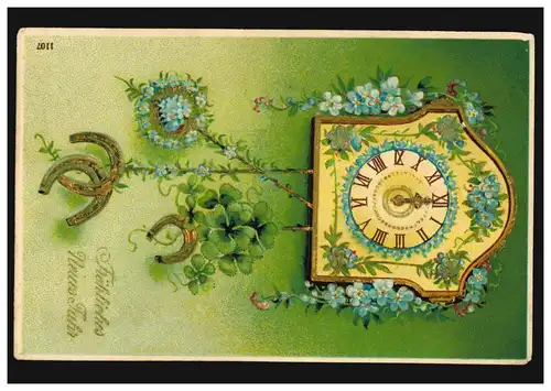 Carte de l'année avec le coeur, fer à cheval et trèfle chanceux, MUNICH 30.12.1908