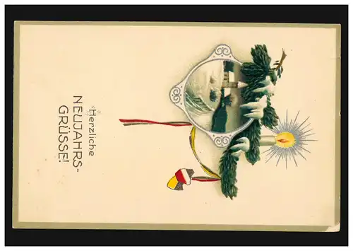 Carte de l'église de Nouvel An en hiver avec branche de sapin et bougie NÜRNBERG 31.12.16