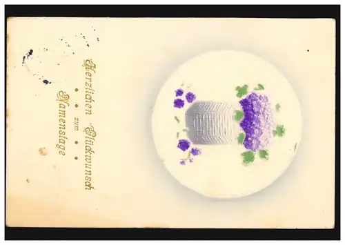 Carte de prénom Jour du trèfle à quatre feuilles avec violette dans le panier, CÖLN 1912