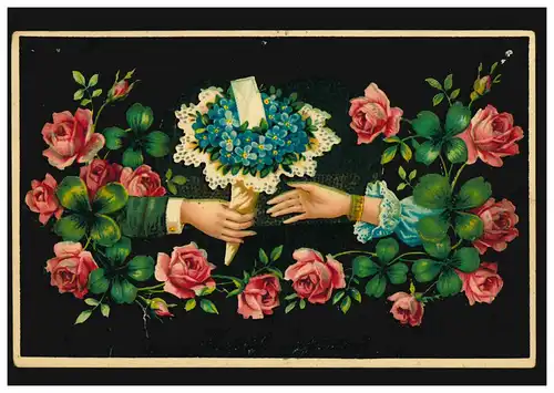 Prägekarte Glückwünsche Zwei Hände Übergabe von Blumen, HARMELEN  25.3.1909
