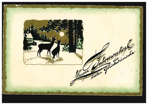 Carte de l'année Nouvel An Paysage hivernal avec des cerfs la nuit, BISCHOFSWERDA 31.12.34