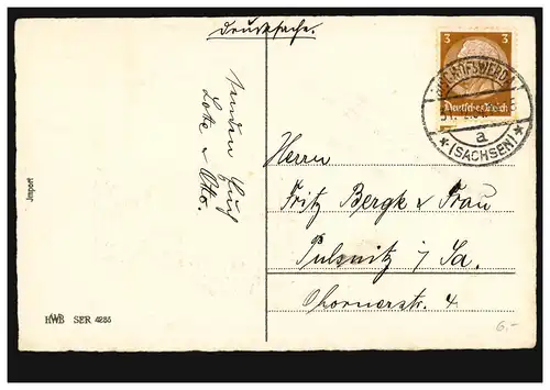 Carte de l'année Nouvel An Paysage hivernal avec des cerfs la nuit, BISCHOFSWERDA 31.12.34