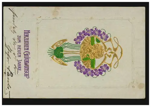 Carte de l'année Nouvel An Portrait de fille en or avec violchengirlande CREFELD 30.12.05