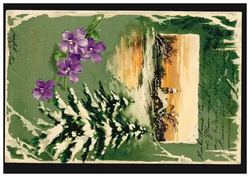 Prägekarte Neujahr Dorflandschaft im Winter Sonnenaufgang, ZSCHOPAU 31.12.1904