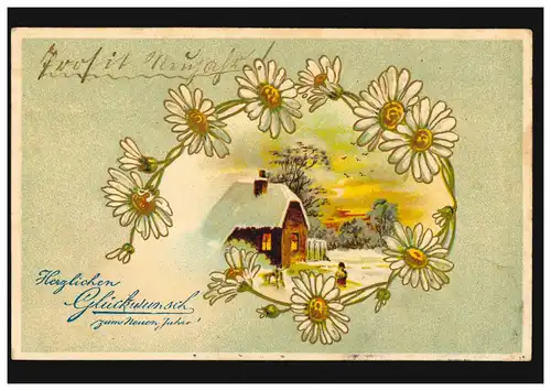 Carte de l'année Nouvel An Maison en hiver avec guirlande fleurie, OLDENBURG 31.12.1912