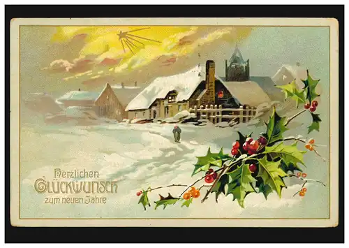 Prägekarte Neujahr Dorflandschaft im Winter, als Feldpost CHEMNITZ 31.12.14