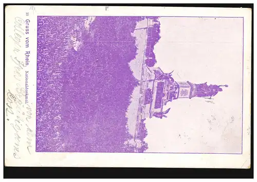 AK in Violett Gruss vom Rhein Nationaldenkmal per Bahnpost KASSEL-FRANKFURT 1901