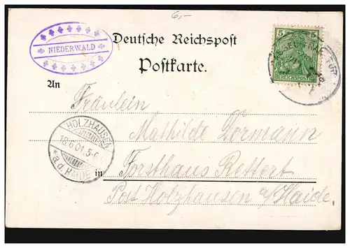 AK in Violett Gruss vom Rhein Nationaldenkmal per Bahnpost KASSEL-FRANKFURT 1901