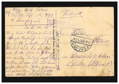 AK Hüttenlager in den Argonnen, BS 12. Komp. R.I.R. 441, Feldpost 243 - 6.11.16