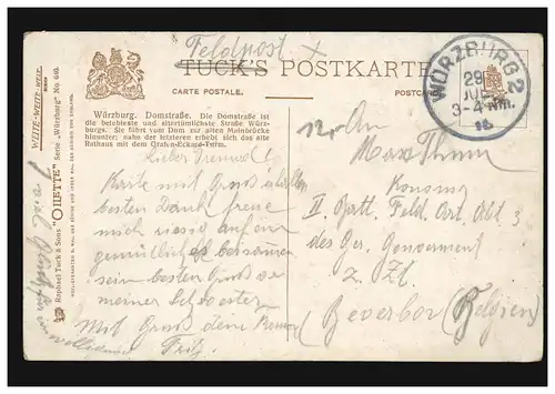 Ansichtskarte Würzburg Dom-Straße, Einkreisstempel WÜRZBURG 28.7.1916