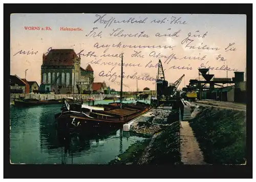 Ansichtskarte Worms am Rhein Hafenpartie, FRANKFURT (MAIN) WEST 13c - 2.7.1917