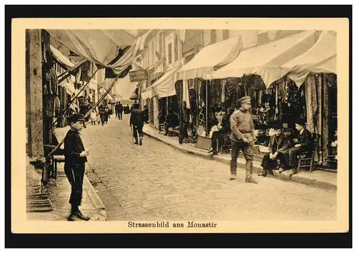 AK guerre photo de rue de Monastir, timbre de champ aptisé 19.2.1918