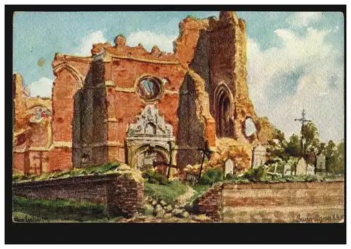 AK guerre ruines de l'église à Beuvraignes, régiment de poste de champ Alexandre 23.6.1916